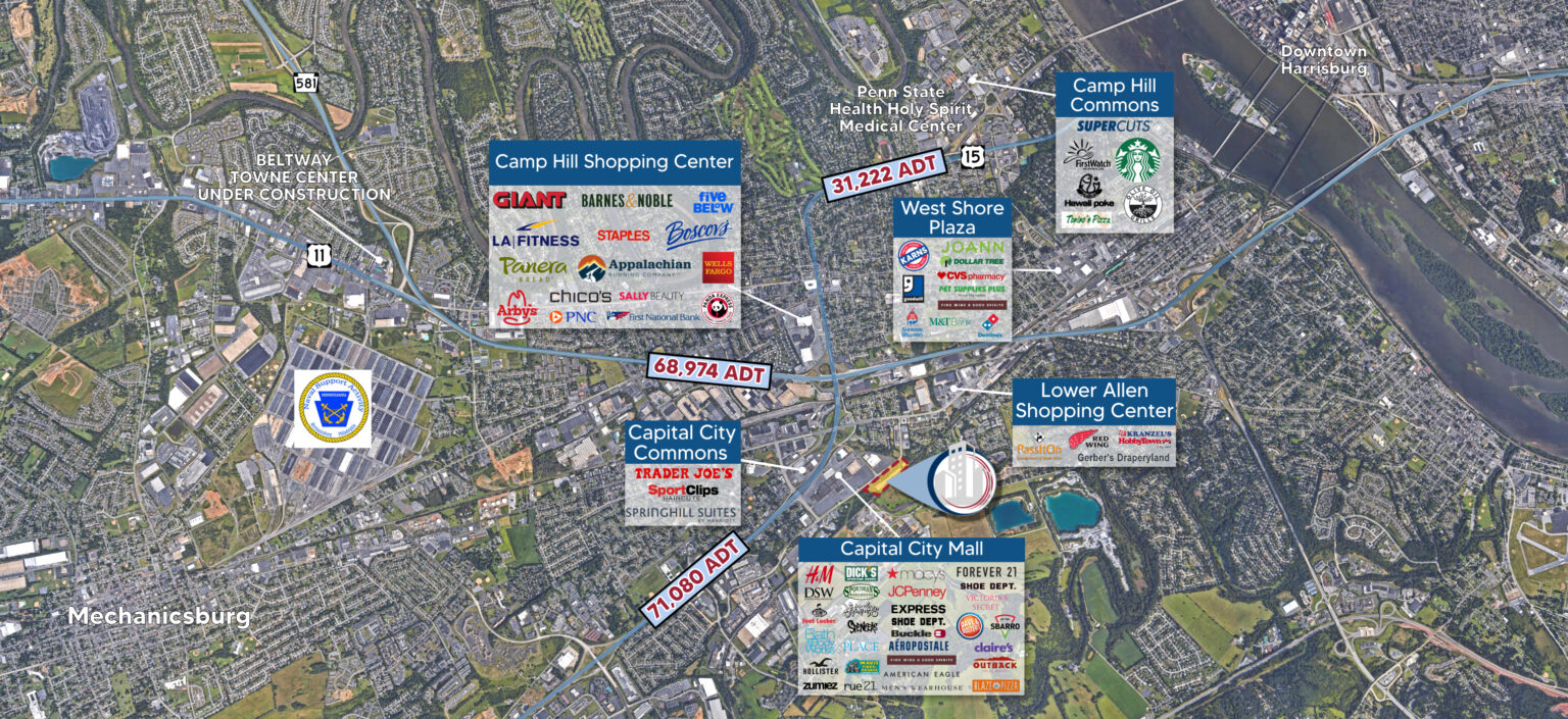 Aerial view of the neighborhood demonstrating Capital City Plaza's proximity to major roadways.