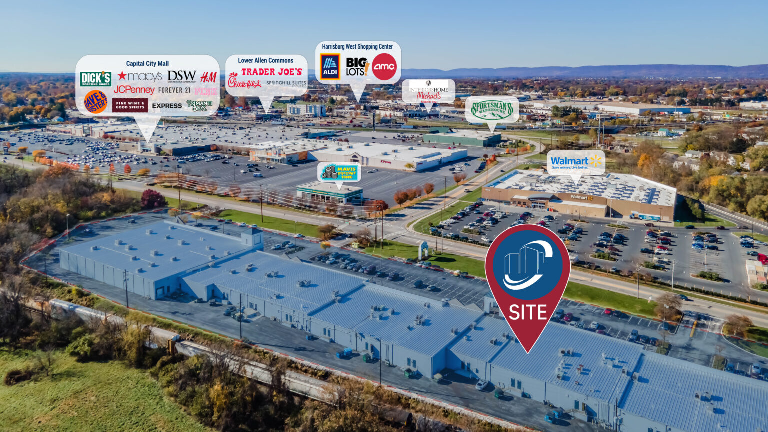 Aerial view of Capital City Plaza demonstrating its proximity to other major businesses.