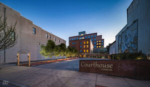 view of Courthouse Commons at sunset