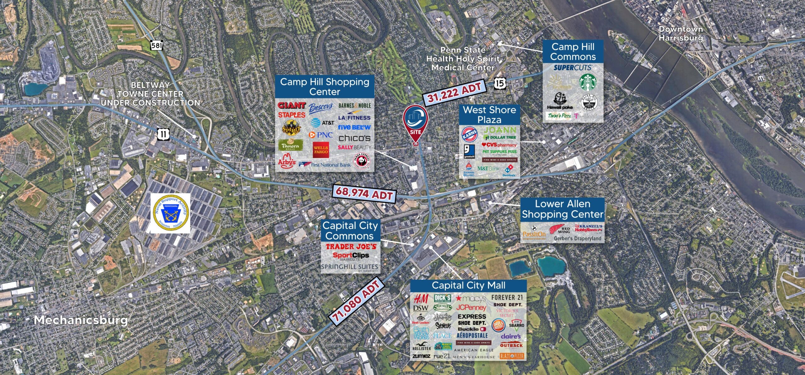 Aerial map highlighting 3224 Market Street site in Camp Hill, PA, surrounded by major shopping centers including Camp Hill Shopping Center, West Shore Plaza, Capital City Mall, and Capital City Commons. The map also notes daily traffic counts and nearby retailers like Trader Joe’s, Giant, LA Fitness, and Starbucks