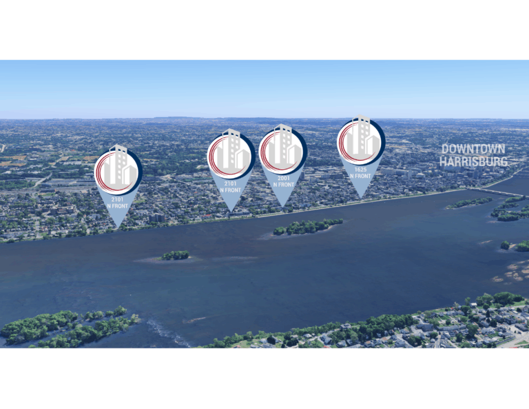 aerial view of the area with all 4 properties labeled to demonstrate their proximity to downtown Harrisburg