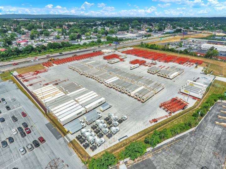 A lot full of semi trailers and shipping containers at 2224 Paxton
