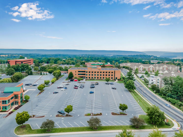 Aerial view of 275 Grandview Avenue showing its large parking lot
