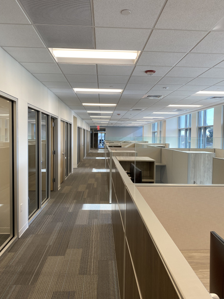 A row of cubicles in the new ACBB office