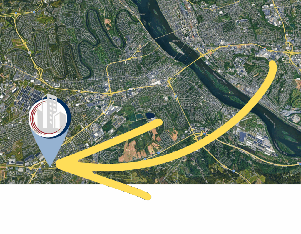 Map of the Harrisburg area showing the old and new office locations