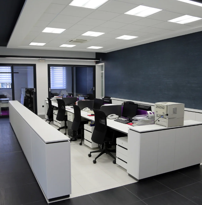 A row of cubicles in an office