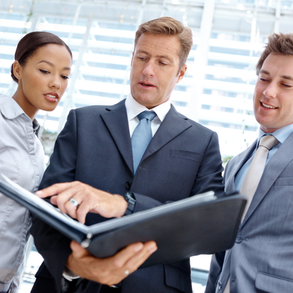 group of business professionals reviewing a portfolio